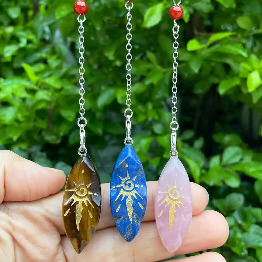 Real Irregular Crystal Pendulum for Divination Wicca Reiki Sun Symbol Pendant Clear Quartz Black Obsidian Spiritual Pendulo X246