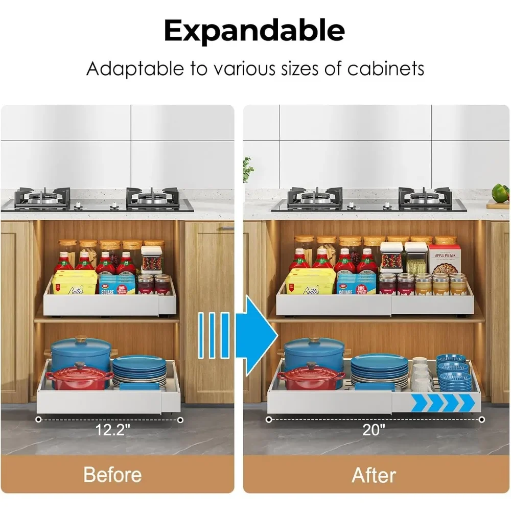 

Pull Out Cabinet Organizer,2PCS 21"Deep Expandable (12.2"-20") Heavy Duty Pull Out Drawers for Cabinets Fixed with Adhesive Film