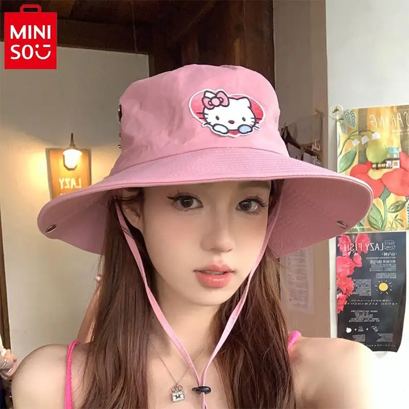 MINISO Sanrio Hello Kitty Anime Hiking Hat for Women New Outdoor Camping Sun Protection Hat Big Head Fisherman Hat Birthday Gift