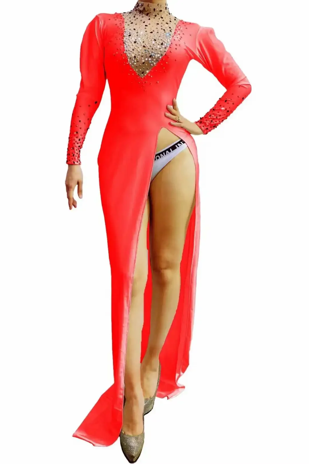 Stretch Spandec kobiety seksowna sukienka w stylu Cheongsam rozcięcie jednoczęściowy kostium piosenkarki czarny czerwony Rhinestone Drag Queen strój