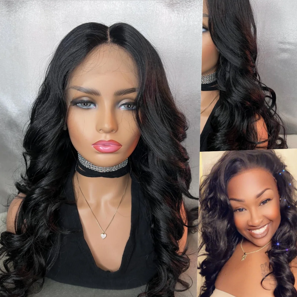 

Натуральные черные парики, свободные волны, синтетический кружевной фронтальный парик для женщин, настраиваемый предварительно выщипанный бесклеевой парик, ежедневное использование для вечеринок