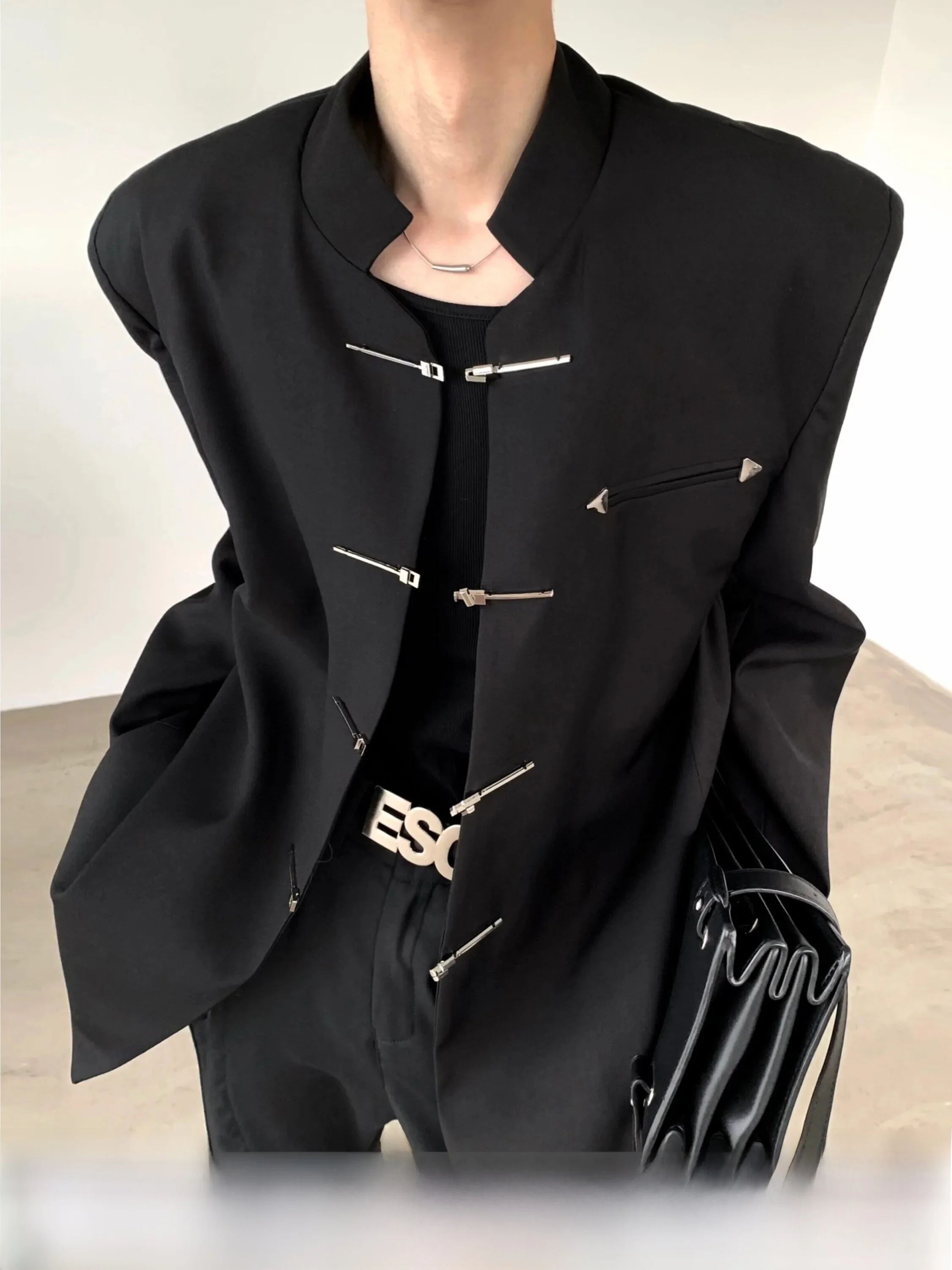 New Chinese Style Men's Suit Black Stand Collar Pad Shoulder Western Coat Autumn Mountain Wind Small Audience Zhongshan Desig...