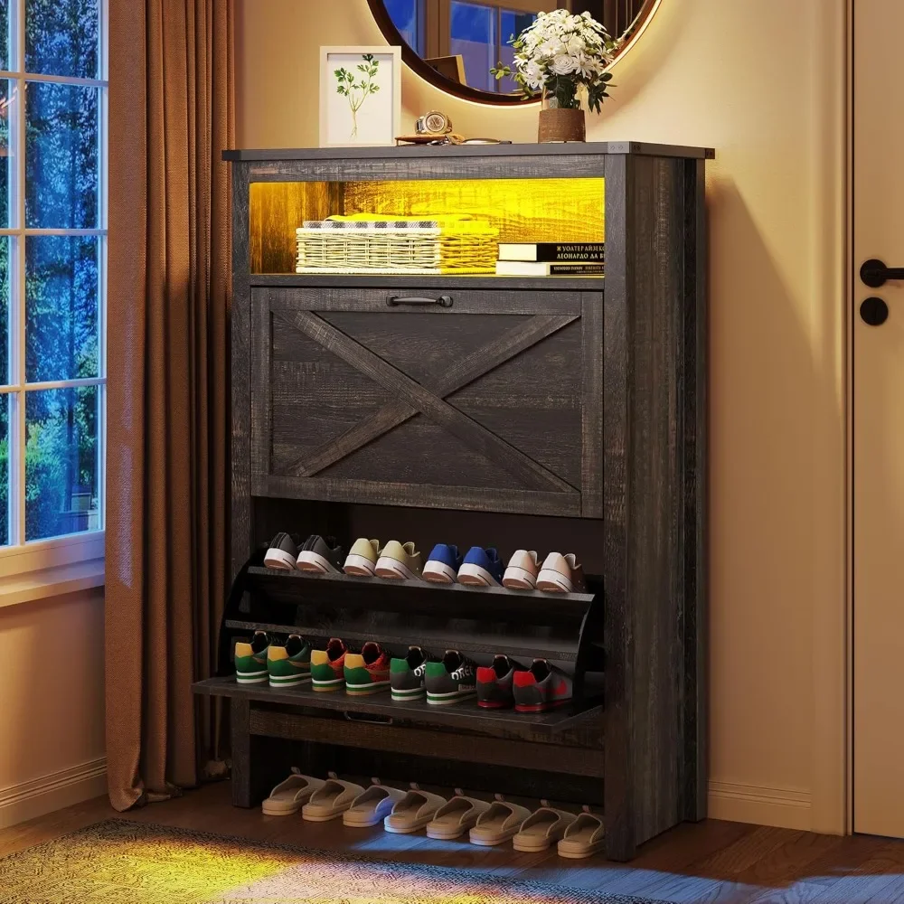 

Shoe Cabinet with 2 Flip Drawers, Entryway Shoe Storage Cabinet with Open Shelves and Led Light, Free Standing Hidden Shoe Rack
