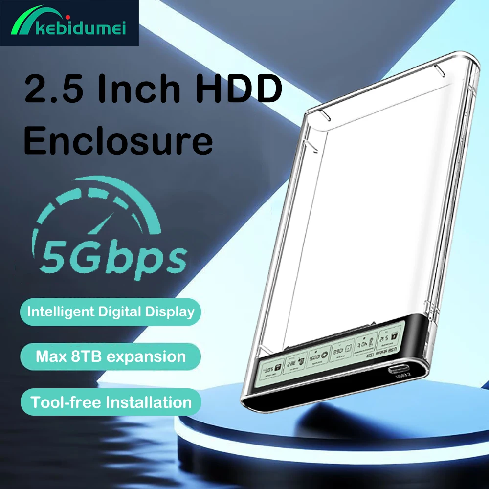 2.5 Inch HDD Enclosure 5Gbps USB 3.2 to SATA Hard Disk Case Intelligent Digital Display External Transparent Shell Hard Disk Box
