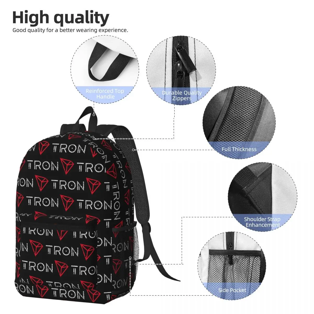Tron TRX Distressed Crypto Trader Logo Backpack Student BookBag Children School Bag Computer Shoulder Bags for Men Women