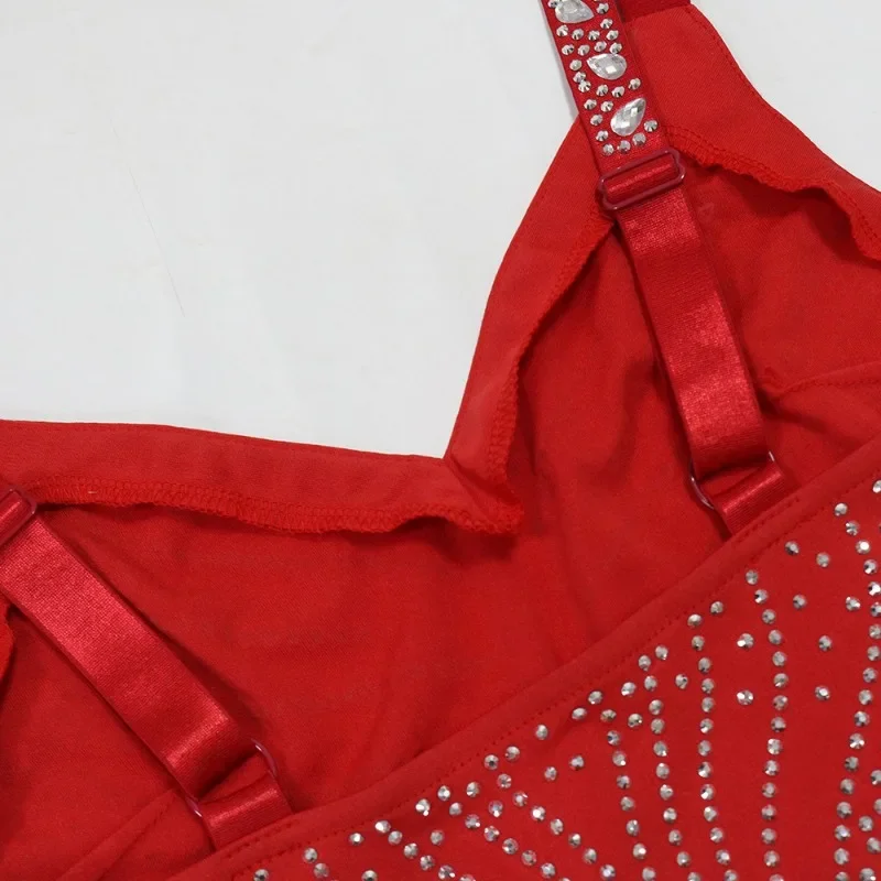 KEXU Diamonds Hot Rhinestones Sexy V-neck Women Strap Sleeveless Bodycon Long Dress Birthday Party Evening Prom Maxi Dresses