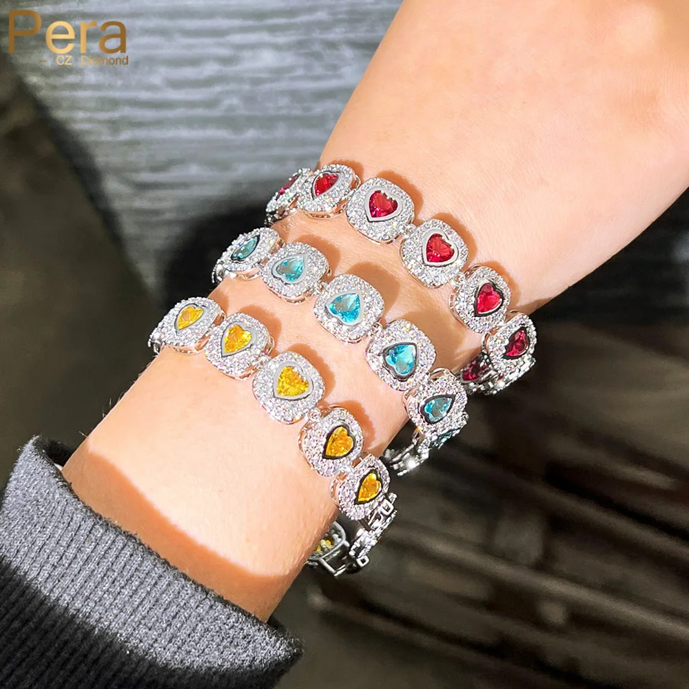 Pera Romantic White Gold Plated CZ Crystal Royal Blue Love Heart Link Bangles Bracelets for Women Wedding Party Jewelry B024