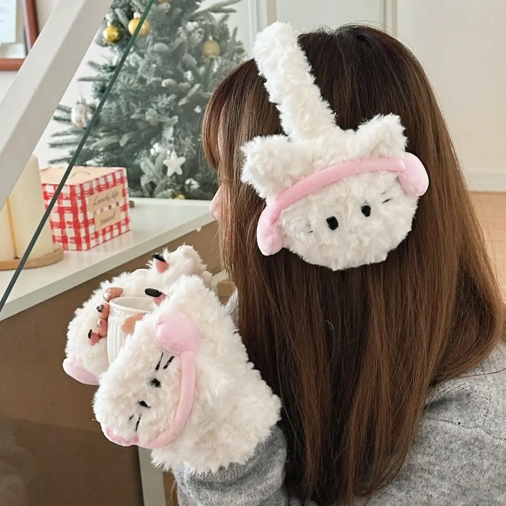 Comfortable Cat Half Finger Gloves Windproof Flip Winter Plush Earmuffs Ear Warmers Keep Warm Fingerless Gloves Outdoor