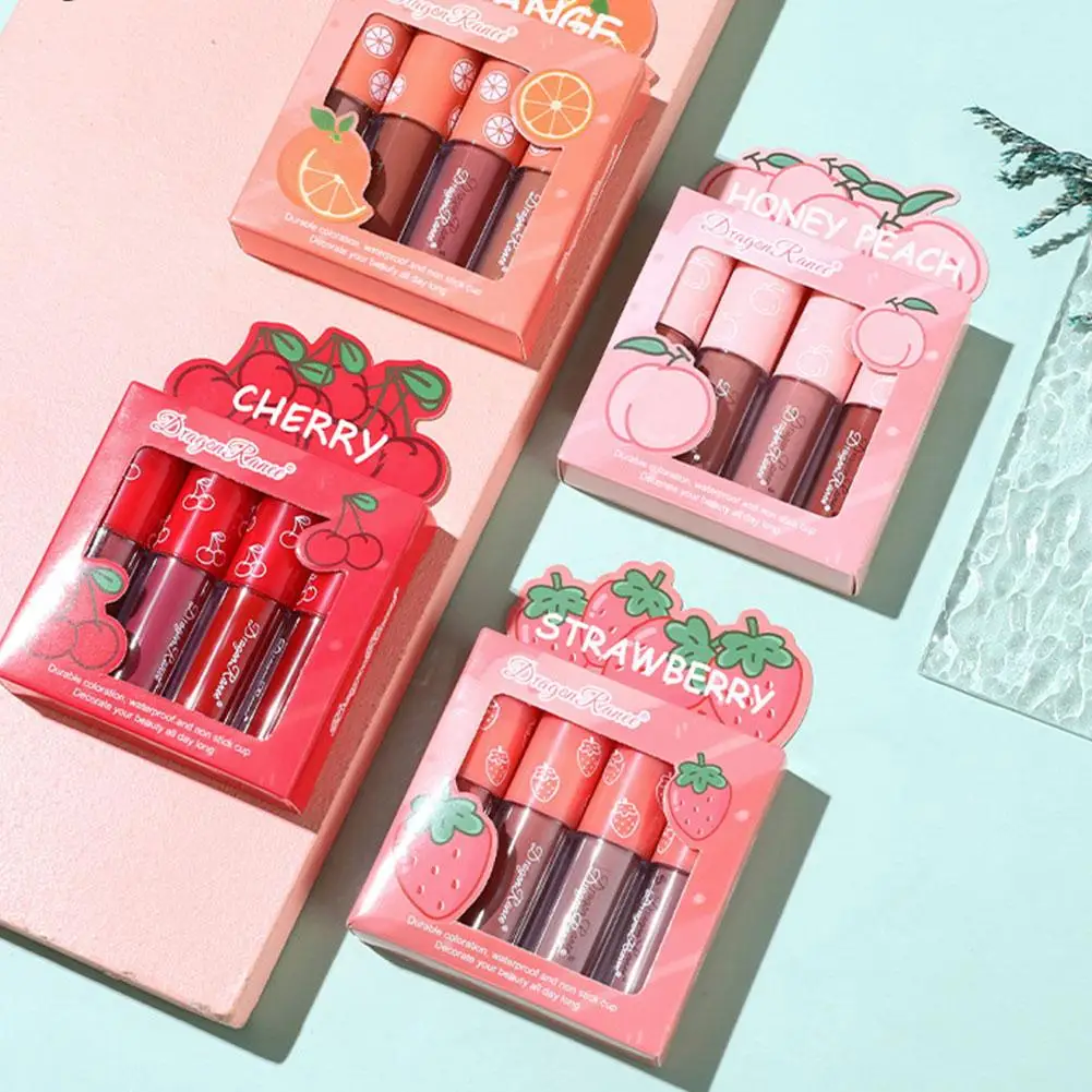 4 Farben Mini Lippenstift Set Samt matte Lippen glasur Lippen tönung Färben Lip gloss dauerhafte Feuchtigkeit Kosmetik kein verblassen des Obst Make-up