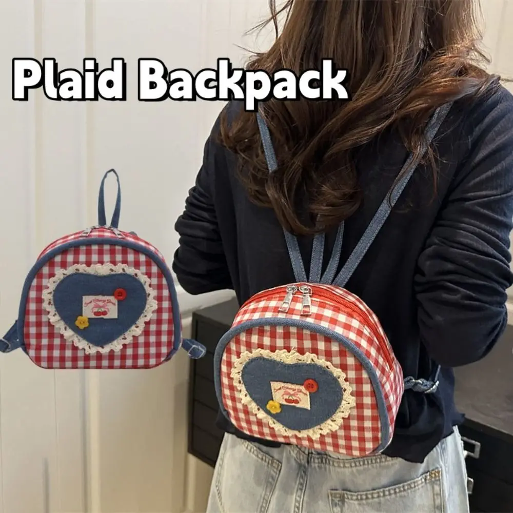 

Портативный тканевый решетчатый рюкзак с мини-бантом, джинсовая сумка на плечо, клетчатый рюкзак в форме сердца для студентов