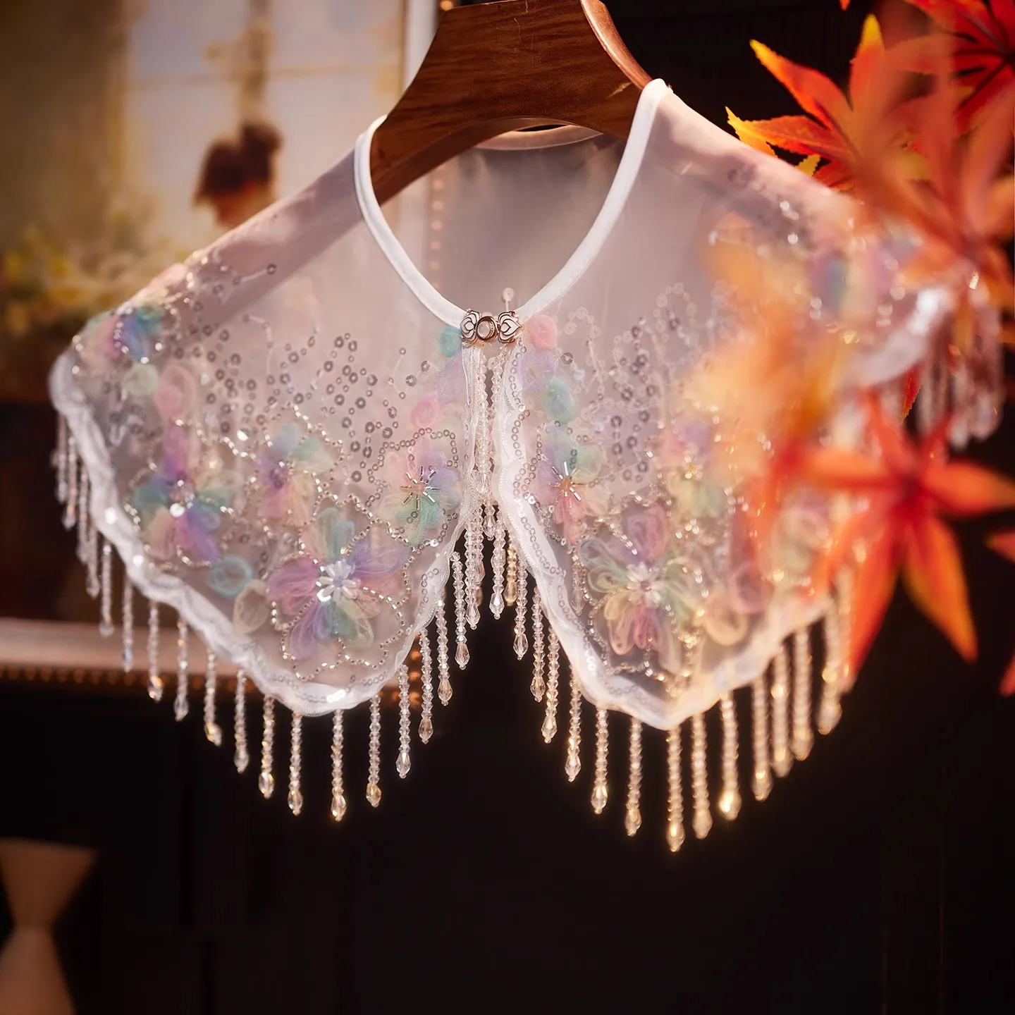 Women's Vintage Sequins Beaded Mesh Tassel Pashmina Female Chinese Style Show Cosplay Party Shawl Cloak Collar R2480