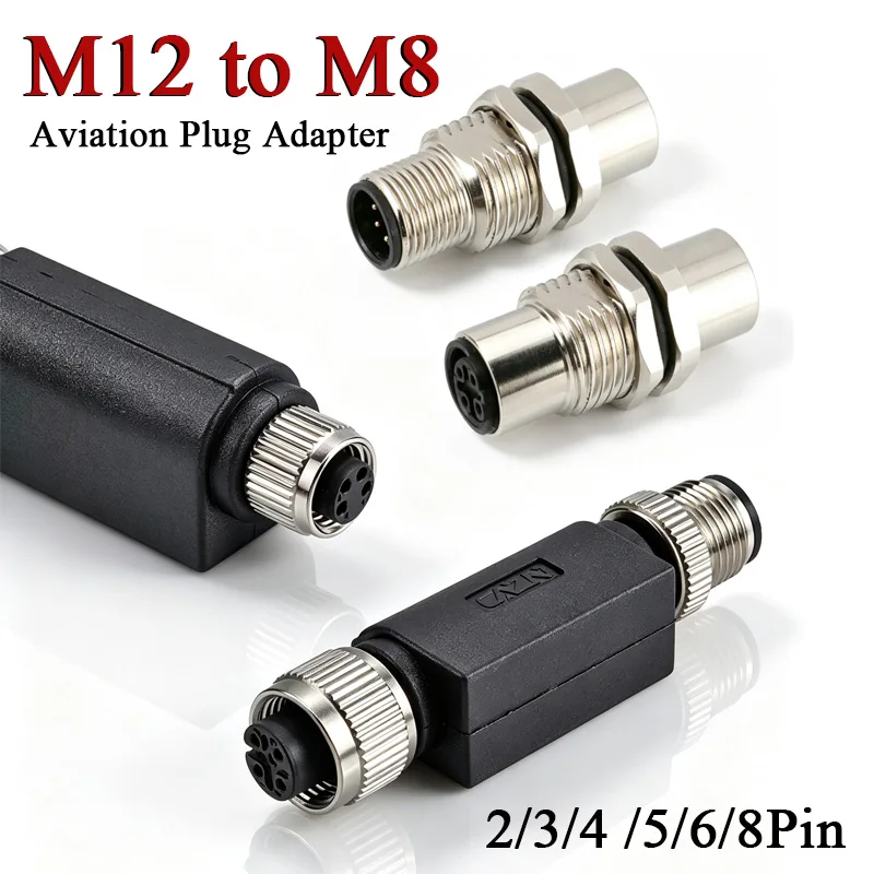 IP67 M12 to M8 Aviation Plug I-type Adapter 2/3/4/5/6/8/12 Core Through Board Dual Socket Male and Female Connectors Waterproof