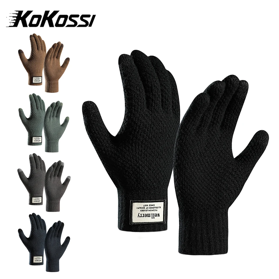 KoKossi Autumn Winter Thickened Knitted Gloves Touch Screen Warm Soft Gloves Wool Solid Men Outdoor Sports Windproof Gloves