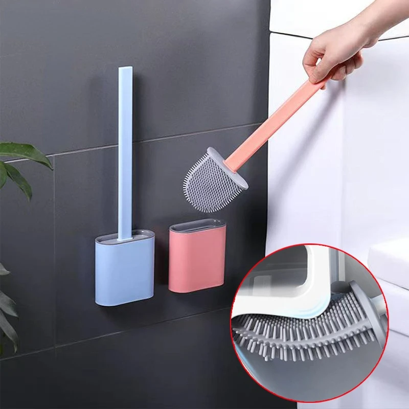 Toilet Brush Quick-drying Brush with Base Silicone Pin Buckle Flat Head Water-proof Soft Brush Accessories Bathroom Accessories