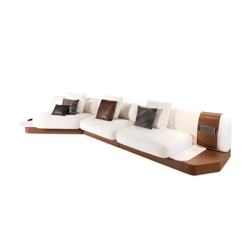 Villa large flat-floor living room, cotton and linen fabrics, Italian-style imported straight-row sofa combination