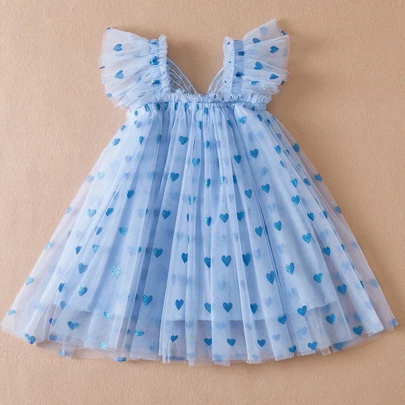 Baby Girl Party Dress Princess Birthday Clothes Back Bow Wing Solid Color Strap Tulle Dress Summer Sequin Stars Mesh Baby Dress