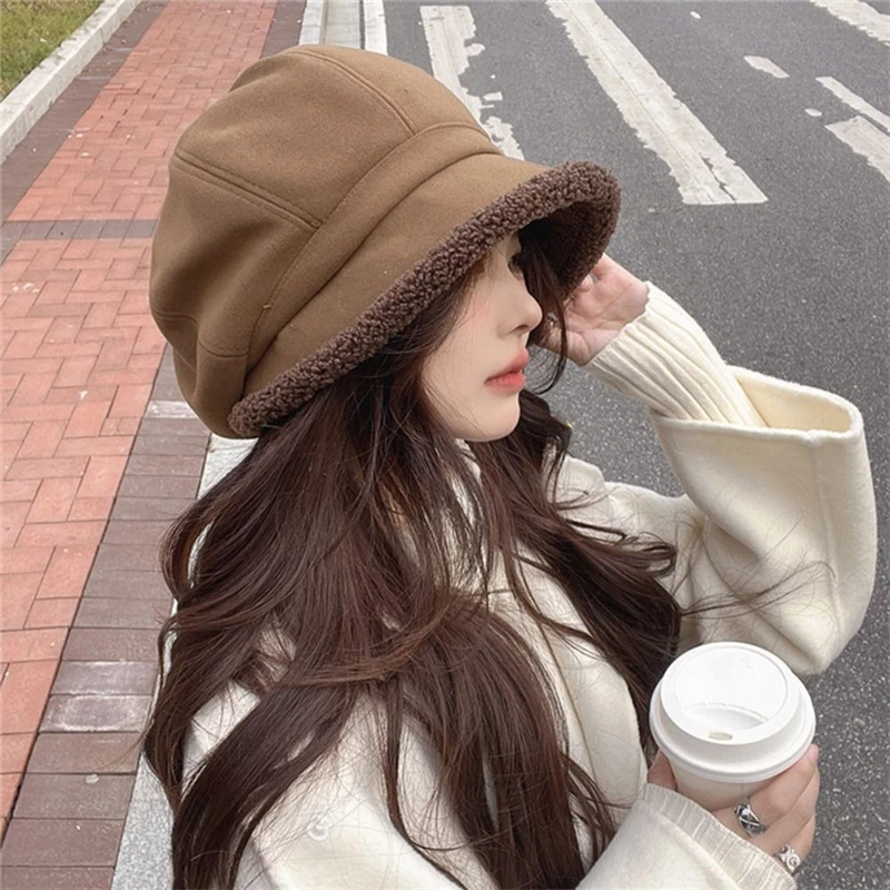 Winter Hats for Women Suede Bucket Hat Plus Velvet Lamb Hair Caps Outdoor Warm Thick Beret Wide Brim Windproof Cap Thick Hats