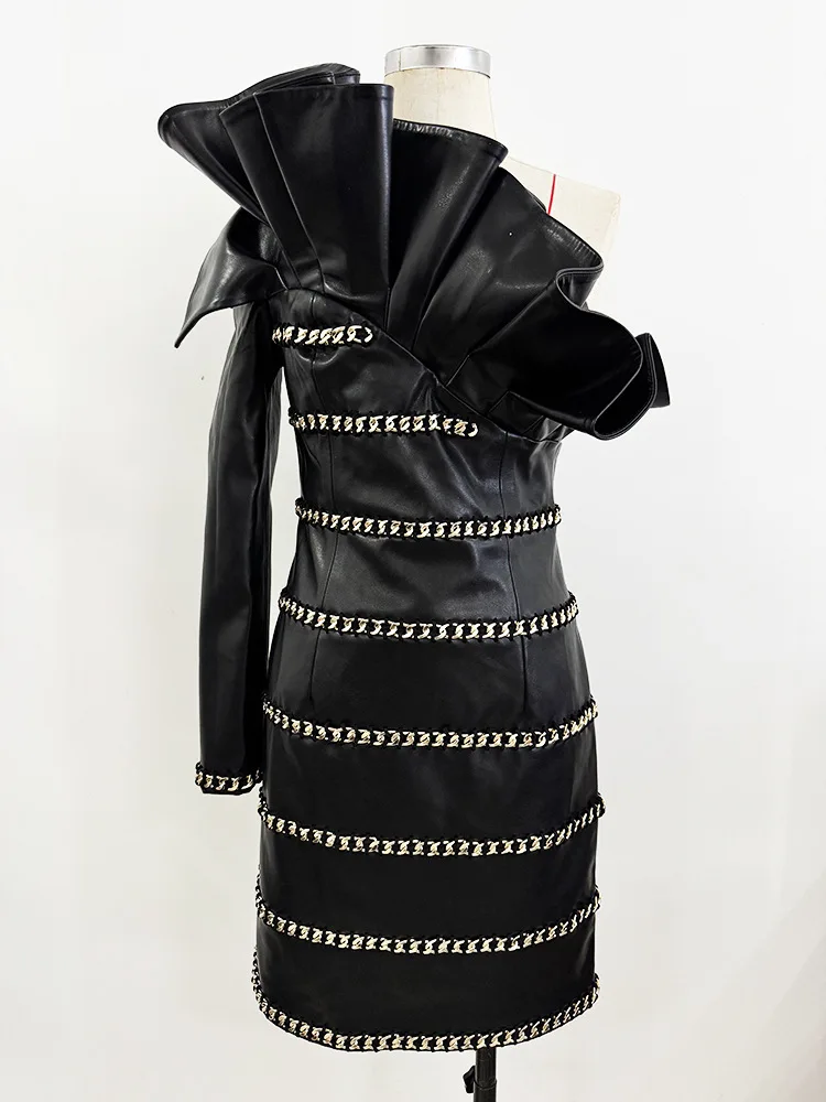 HIGH STREET Nieuwste 2025, Designer Fashion damesketting, driedimensionale lotusblad, leren jurk met enkele mouw