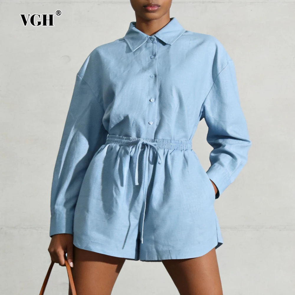 

VGH Beach Style Solid Cute Loose Two Piece Sets For Women Lapel Long Sleeve Top High Waist Shorts Casual Set Female Fashion New