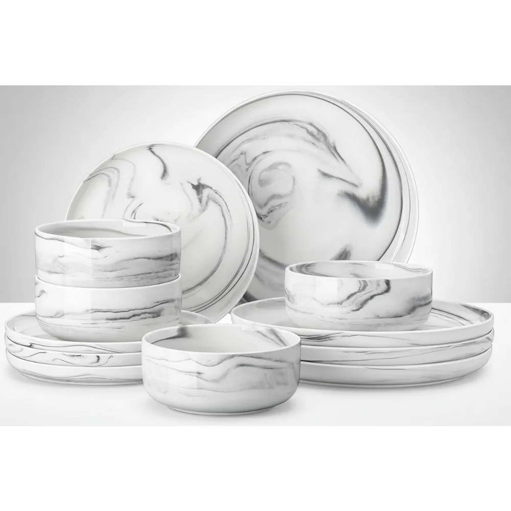 

12-Piece Porcelain Dinnerware Set, Chip-Resistant Ceramic Plates & Bowls for 4, Marble Grey - Dishwasher & Microwave Safe