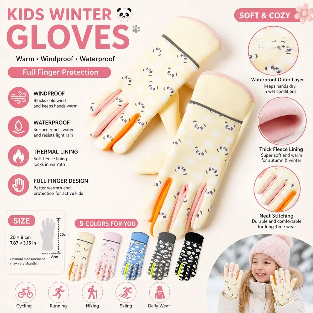 Gifts Panda Print Kids Winter Gloves Windproof Warm Cycling Gloves Elastic Wrist Waterproof Warm Mittens Cold Weather Wear