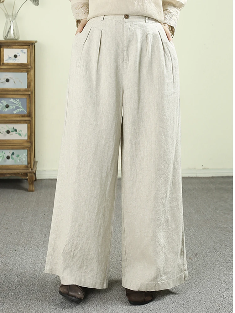 New Arrival 26 Spring Women Vintage Good Quality Cotton Linen Ankle-length Pants Casual Loose Elastic Waist Wide Leg Pants Q199
