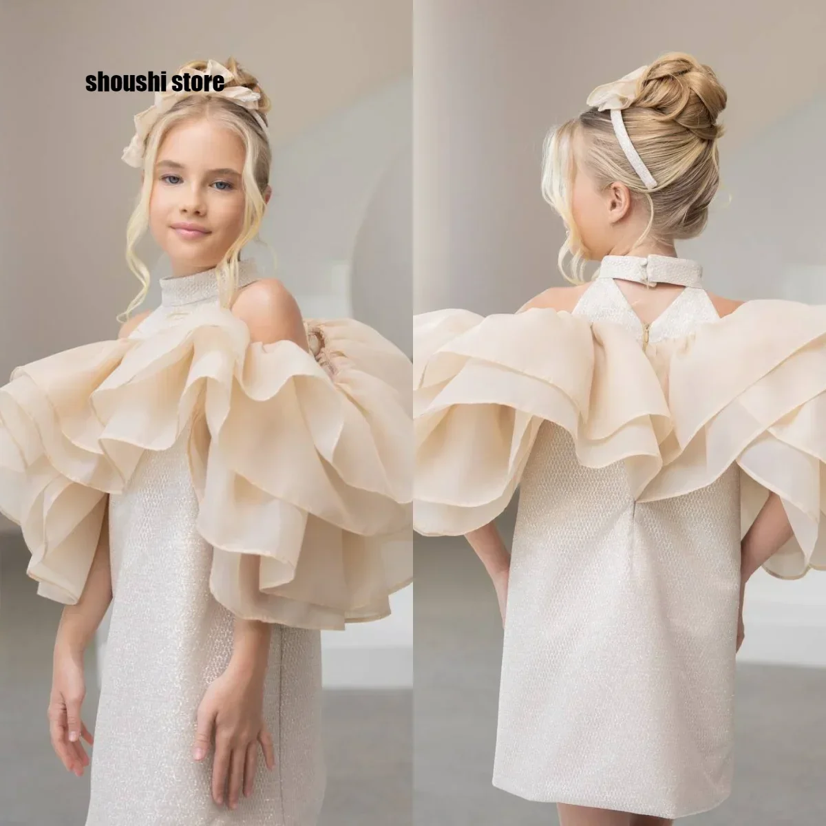 

Beige Flower Girl Dresses for Wedding Toddler Girl's Birthday Gowns Customized High Neck Baby Pageant Outfit Dress