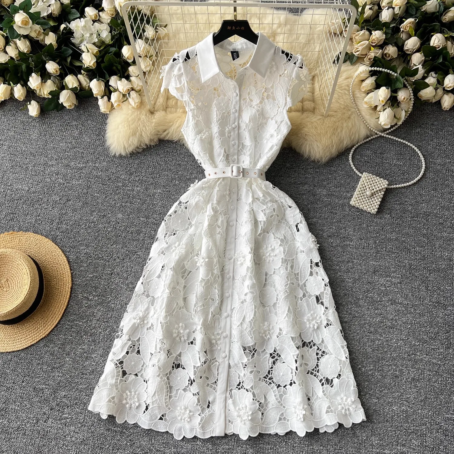 Summer Hollow Out Crochet Floral Lace Dress Women's Lapel Short Sleeve Flower Embroidery Wedding Party A Line Belt Midi Vestidos