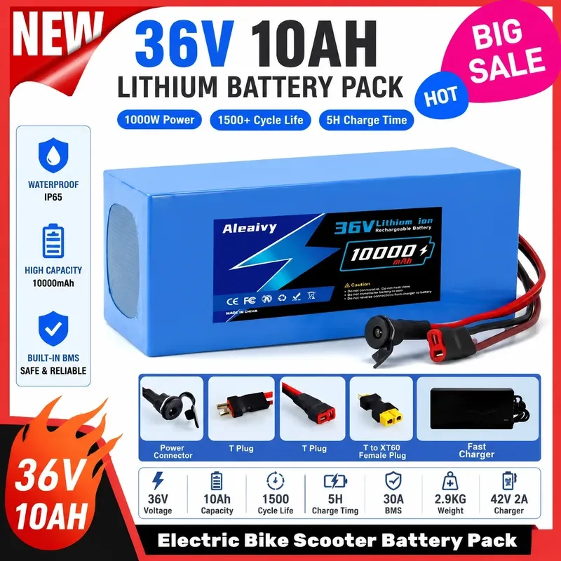  36V 10S4P 10S6P Lithium Battery Pack 10Ah 12Ah 16Ah 20Ah 2000W High Capacity 18650 Li-ion Battery with BMS XT60 Plug