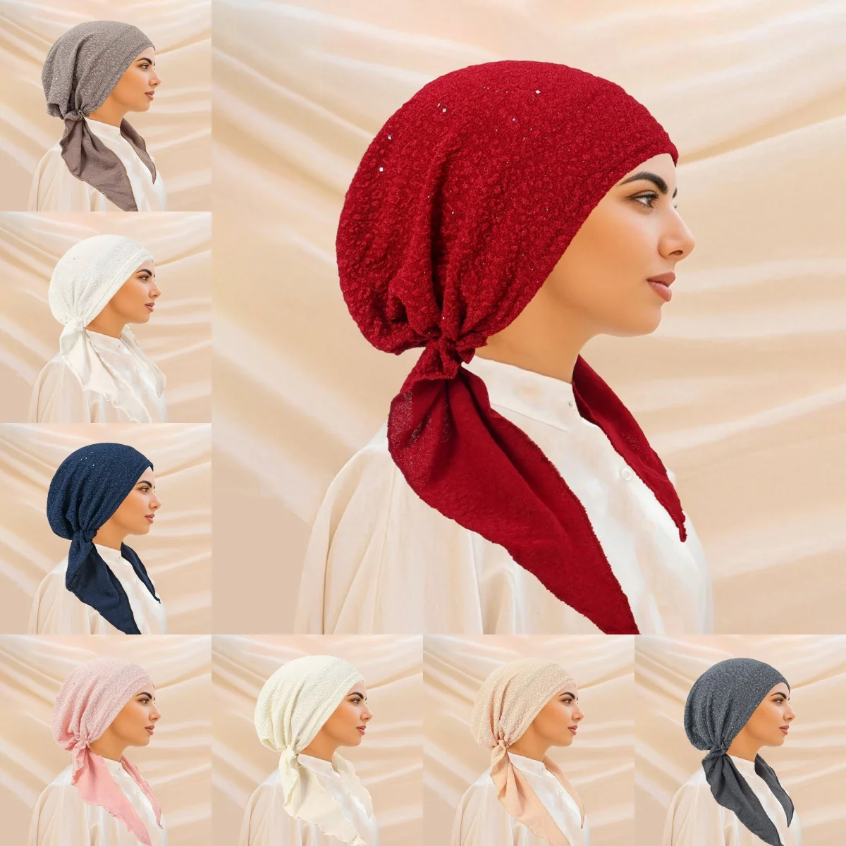 

2025 New Shiny Glitter Elastic Pre-Tied Hijabs Wrap Head Scarf Muslim Turban Bonnet for Women Inner Hat Turbantes Caps Mujer