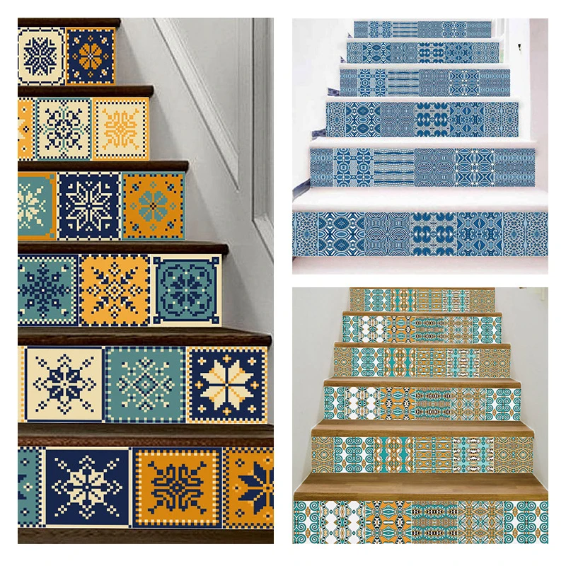 

6pcs/13pcs Stair Stickers Staircase Decal Rise Covering Waterproof Self-adhesive Vinyl Floor Symmetrical Geometry Stairway Decor