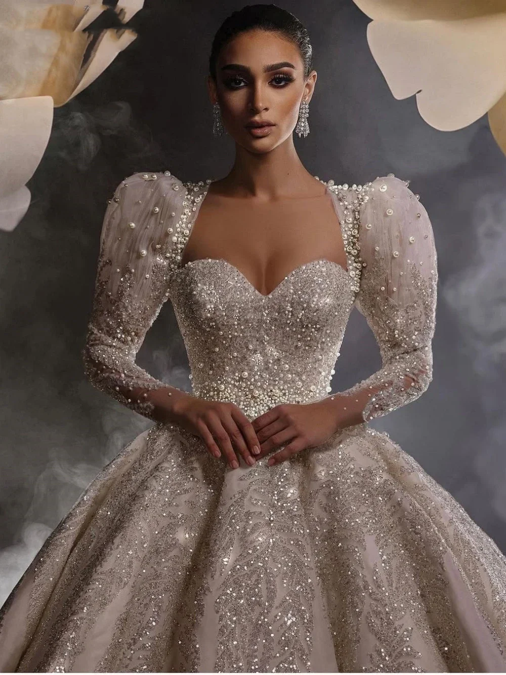 Flavinke Customized Luxury Sweetheart Neck Wedding Dresses 2025 Beaded Pearls Bridal Gown Charming Puff Sleeve Dresses For Bride