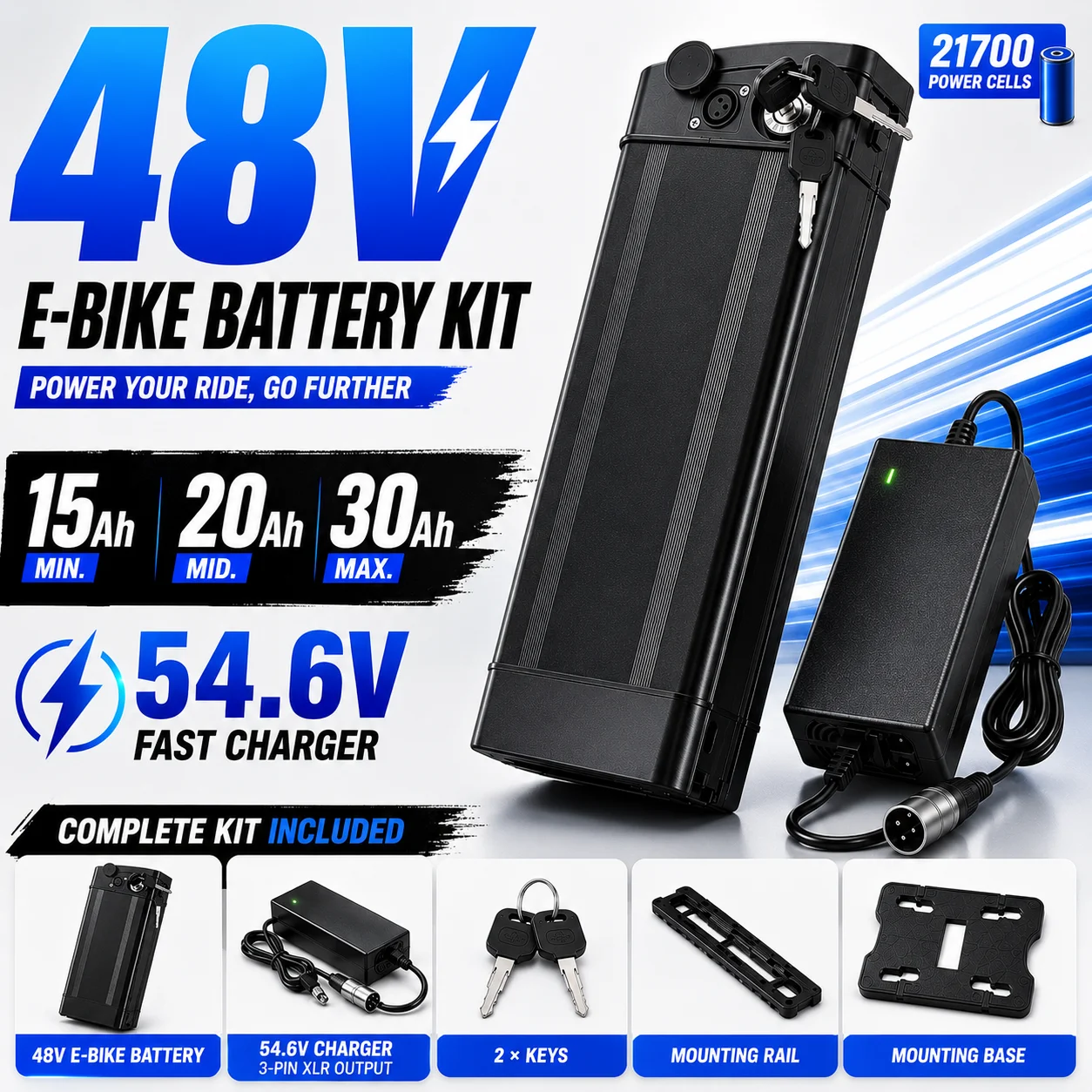 HAIBA 48V 21700 E-Bike Battery 15Ah 20Ah 30Ah Li-ion Battery Pack with BMS 54.6V Charger for Electric Bicycle Conversion Kit