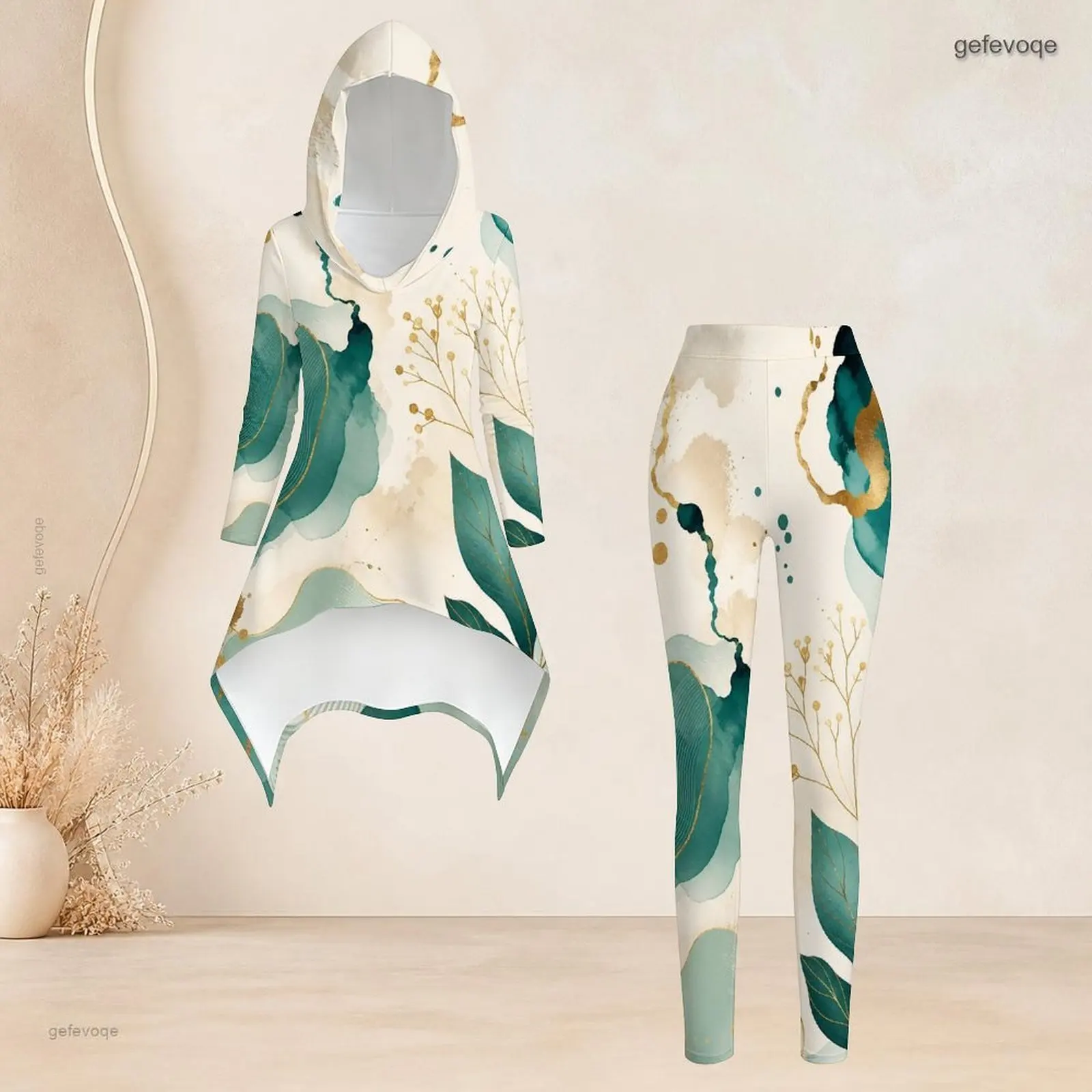 Women Watercolor Green Leaf Gold Botanical Printed Hooded Top And Fitted Leggings Two Piece Set