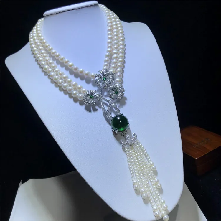 Hand knotted 3rows natural7-8mm white freshwater pearl fashion necklace micro inlay zircon accessories