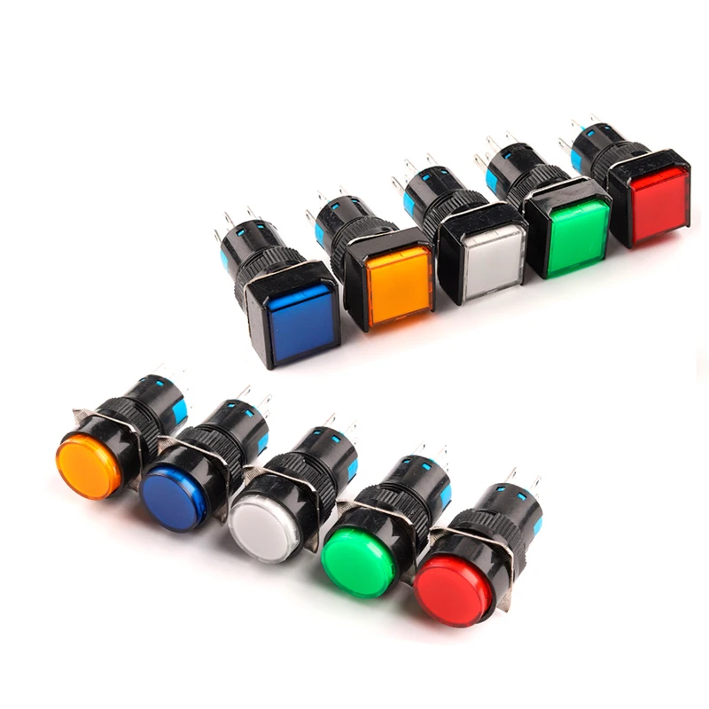 16mm With Light Power SwitchAB6 5/8Pin Push Button Switch Small Square&Round Self-Locking Self-Reset Start Up Switch 12/24/220V