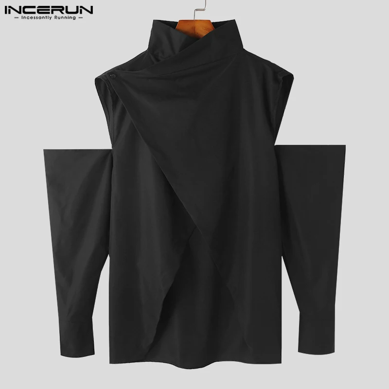 INCERUN Tops 2023 American Style New Mens Fashion Cross Design Shirts Personality Shoulder Solid Hollow Long Sleeve Blouse S-5XL