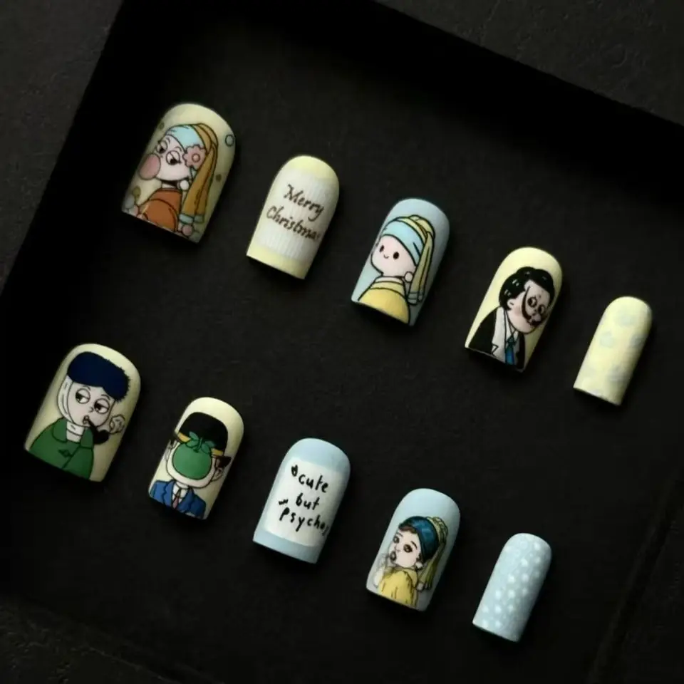 30 pzas Uñas postizas con efecto ojo de gato en negro y rosa, diseño de caritas, cortas cuadradas, cobertura completa para mujeres y niñas 4