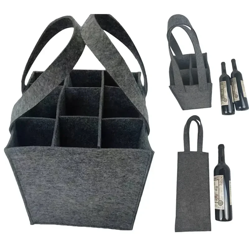 Reusable Fashion Felt Bag Wine Holder Beer Bottle Shopping Tote Bag Bottle Carrier with 6 Bottles Divider Washable Grey