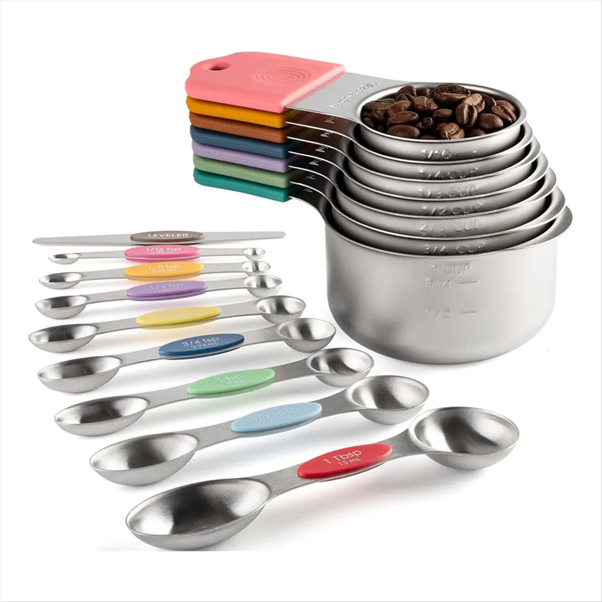 X10A 16Pc Magnetic Stainless Steel Measuring Cups&Spoons Set, 7 Heavy Duty Cups,8 Double Sided Spoons with Leveler Multicolor