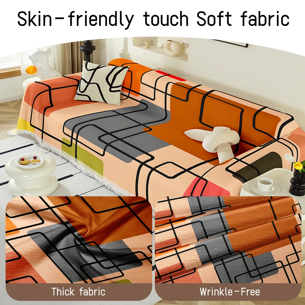 1pc Geometric Line Art Sofa Cover, Mid-Century Modern Couch Throw, Soft Washable Protector with Tassels