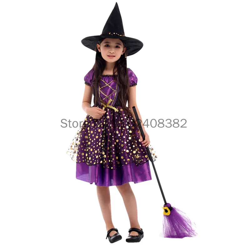 Halloween Witch Costume Children Cosplay Vampire Princess Witch Set Dresses Kids Dress Up Clothes with Hat Carnival Party Gift