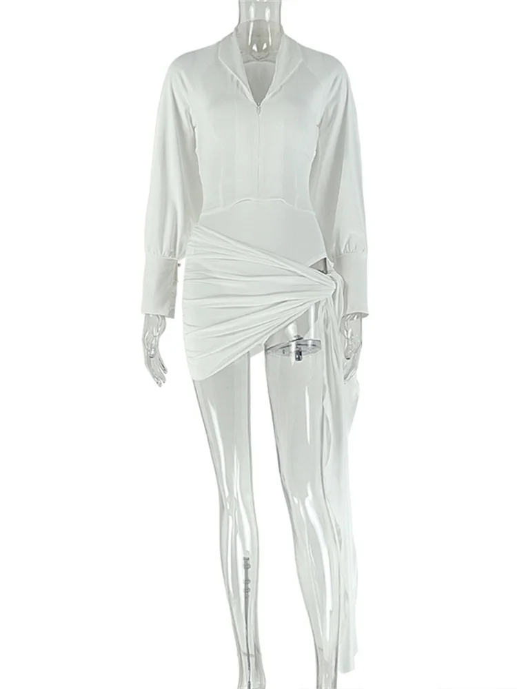 Weird Puss Sexy Solid 2-Piece Set Women Backless Deep v-Neck Zip Bodysuit+Irregular Knot Skirt Vacation Sexy Party Club Outfits