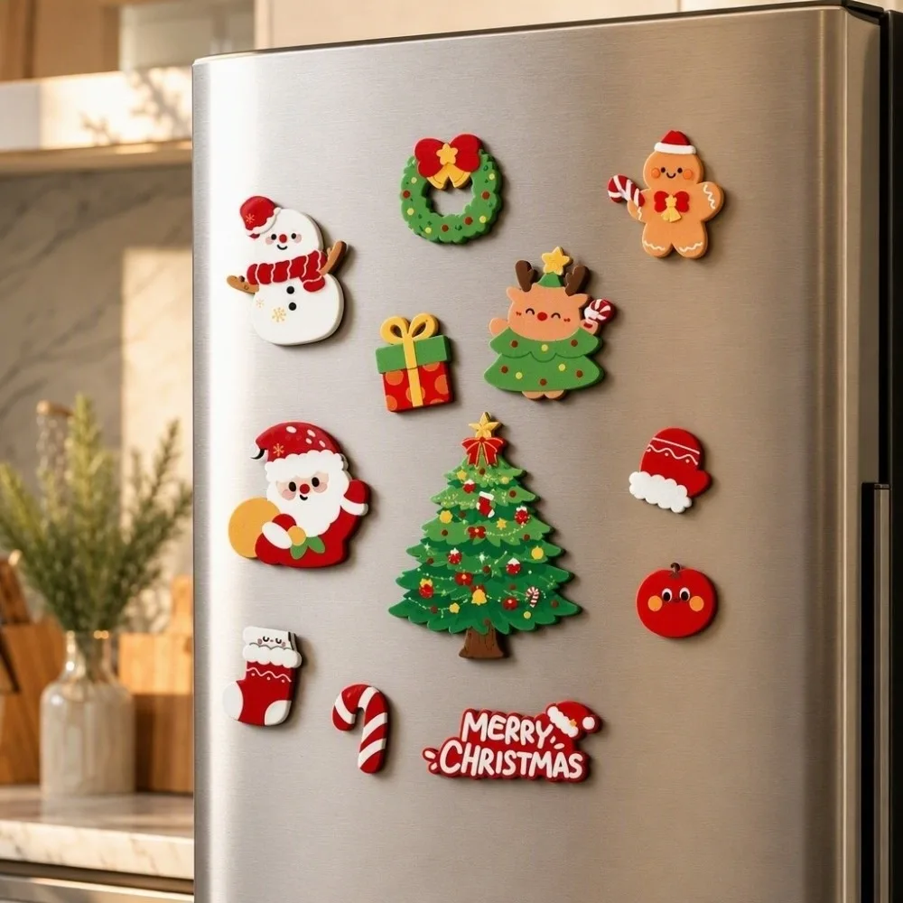 12pcs/set Cartoon Christmas Fridge Magnets Set Magnetic Adhesive Soft Rubber Refrigerator Magnets Lightweight Decorative