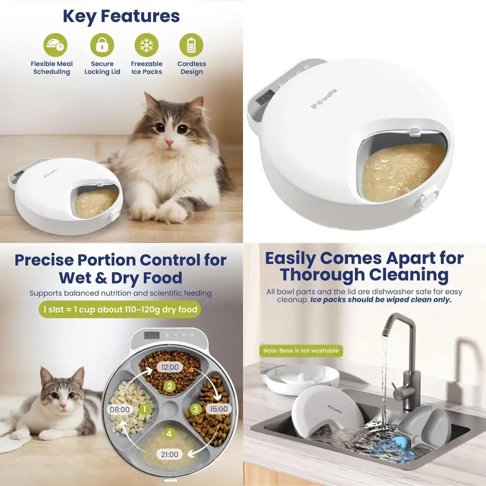 

Автоматическая кормушка для домашних животных на 4 ярмарки с таймером, беспроводная, совместимая с пакетом льда, 4 чашки, белая для собак и кошек