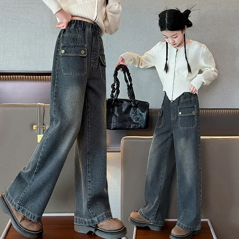 Girls 2024 Autumn New L-shaped Four-button Jeans Korean Version of Wide-leg Pants Large Children High Waist A Thigh-low Pants