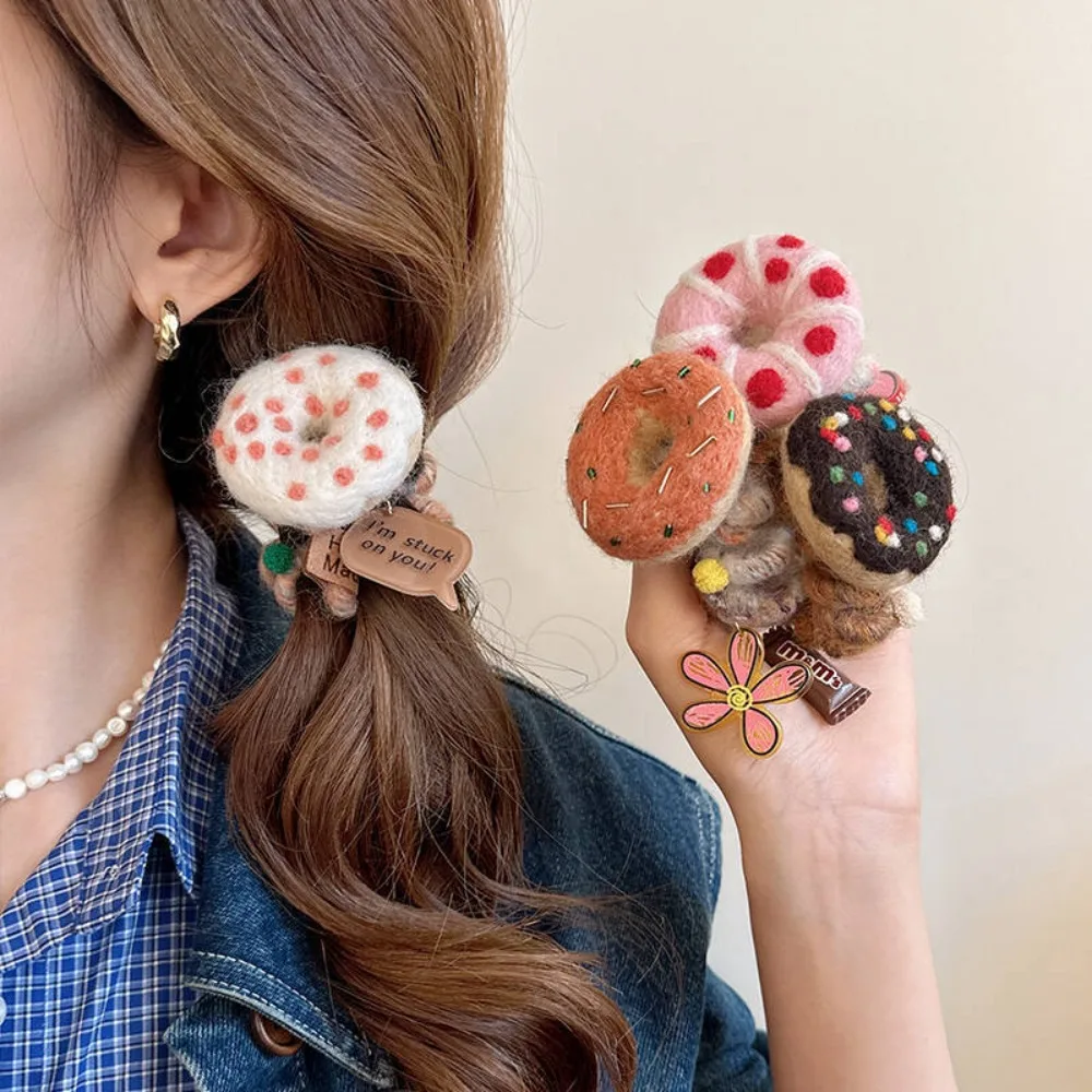 Línea telefónica de fieltro de lana, cuerda para el cabello, anillo para el cabello de Donut de felpa de plástico recto, soporte elástico para cola de caballo de galletas de estilo coreano