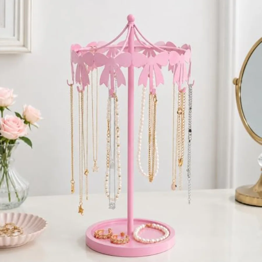 Pink Bow Necklace Display Holder Rotating Metal Table Jewelry Organizer Stand with 10 Hooks Coquettish Jewelry Towers Freestand