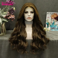 Imstyle Long Brown Lace Wig Synthetic Lace Front Wig T Part Lace Wig Blonde Highlight Natural Wavy Hair Daily Wigs For Women