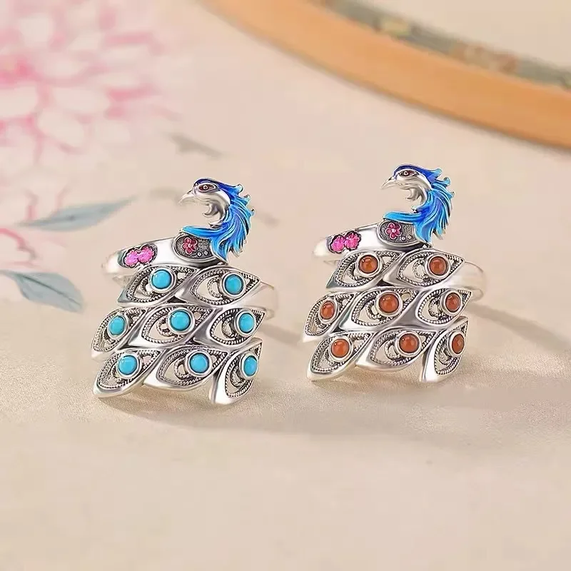 Retro Three Dimensional Peacock Ring Women Simple High End Sense Epoxy Hollow Index Finger Ring Fashion Creative Open Ring